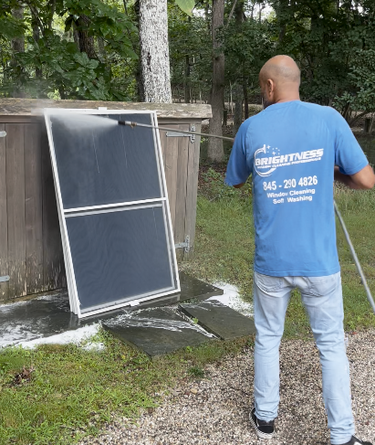 a member of the brightness team washing a window screen