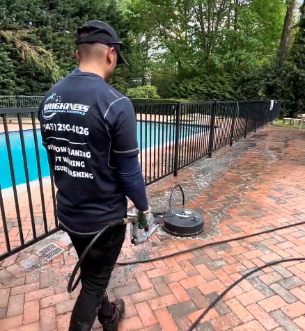 Brightness window cleaning power washing a backyard for a customer