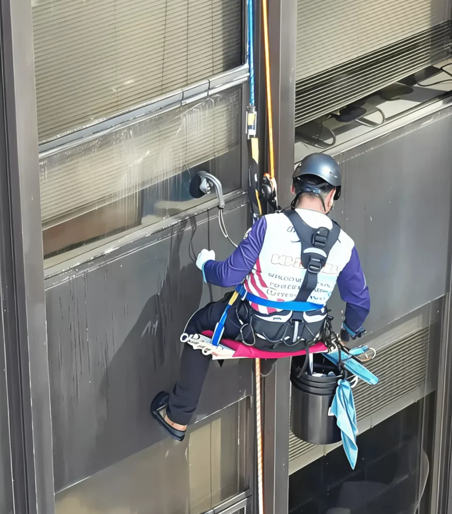 A Brightness Window Cleaning team member cleaning windows for a high-rise building